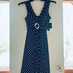 Kim Rogers Navy and White Polka Dot Midi Dress with Buckle